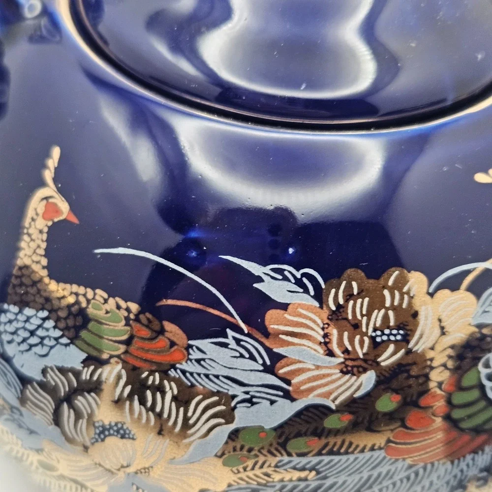 Vintage Cobalt Blue Peacock Tea Set Teapot & 2 Cups Gold Floral